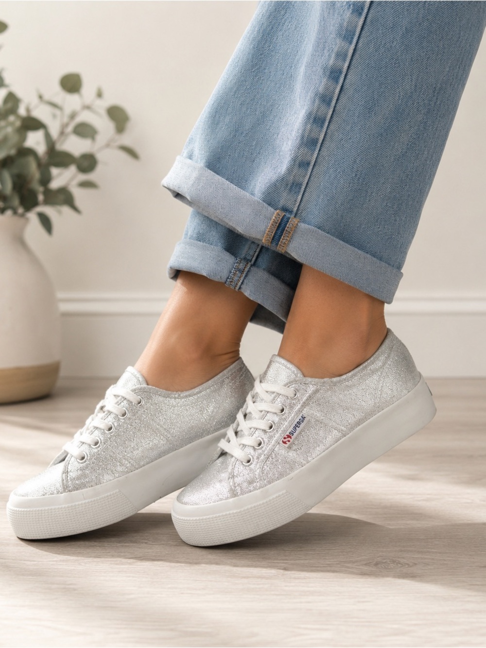Superga Silver Glitter Platform Sneakers
